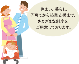 住まい、暮らし、子育てから起業支援まで、さまざまな制度をご用意しております。