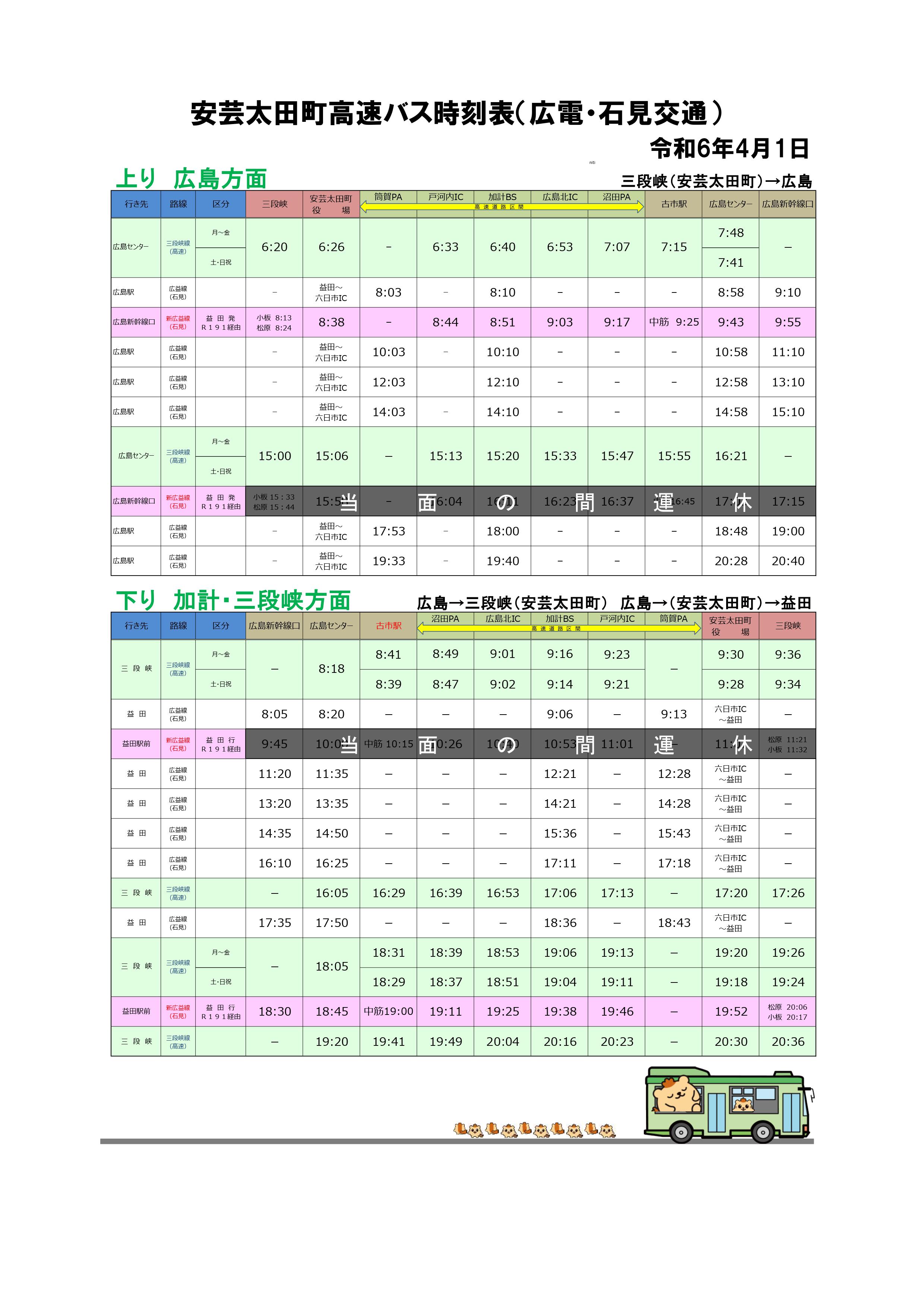 安芸太田町高速バス時刻表（広電・石見交通）